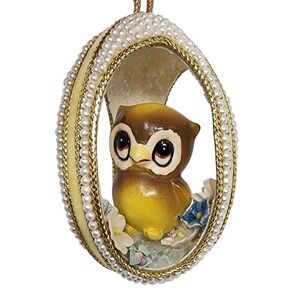 Vtg Diorama Egg Ornament Brown Owl Faux Pearl Gold Trim Flowers 3" Easter